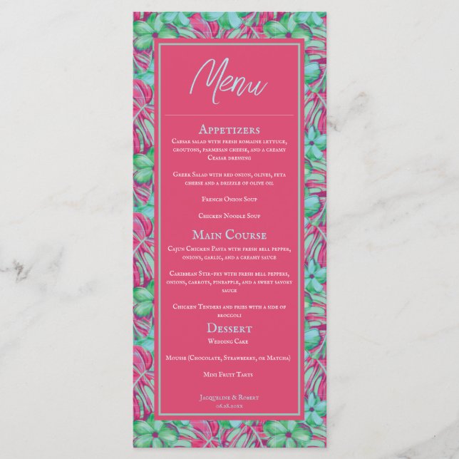 Speisekarte für Hochzeiten in tropischem Rosa und  Menükarte (Vorderseite)