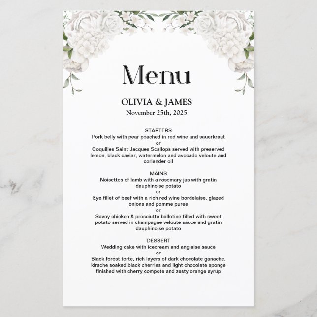 Speisekarte für Hochzeiten mit weißer Flora (Vorderseite)