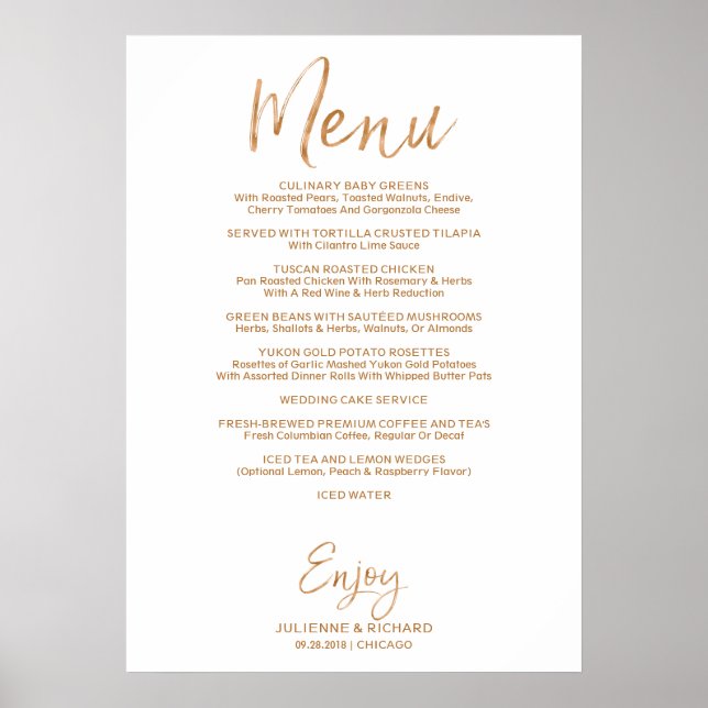 Speisekarte für Hochzeiten | Stilvolle Goldene Ros Poster (Vorne)
