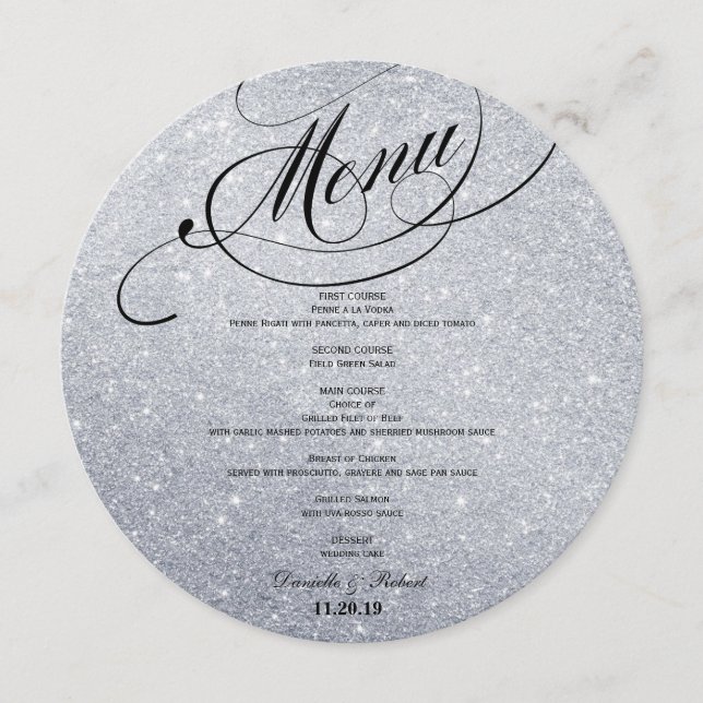 Speisekarte für Hochzeitsessen am Glitzer Menükarte (Vorderseite)