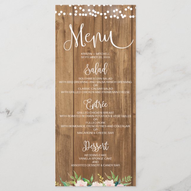 Speisekarte für Rustikale Rosa Flora und Holz Menükarte (Vorderseite)