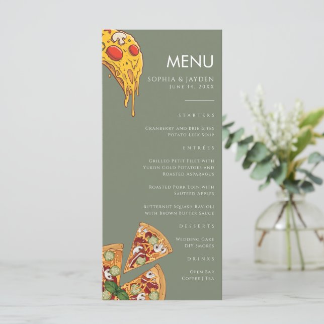 Speisekarte Grün PIZZA Moderne Minimale Hochzeit Menükarte (Stehend Vorderseite)