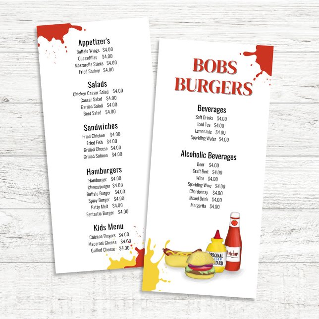 Speisekarte Hamburger Hot Dog Werbekarte (Restaurant menu list with hamburgers and hot dogs.)