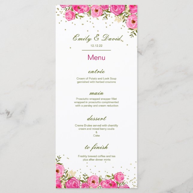 Speisekarte, Hochzeitsmenü, Babydusche, Bridal Menükarte (Vorderseite)