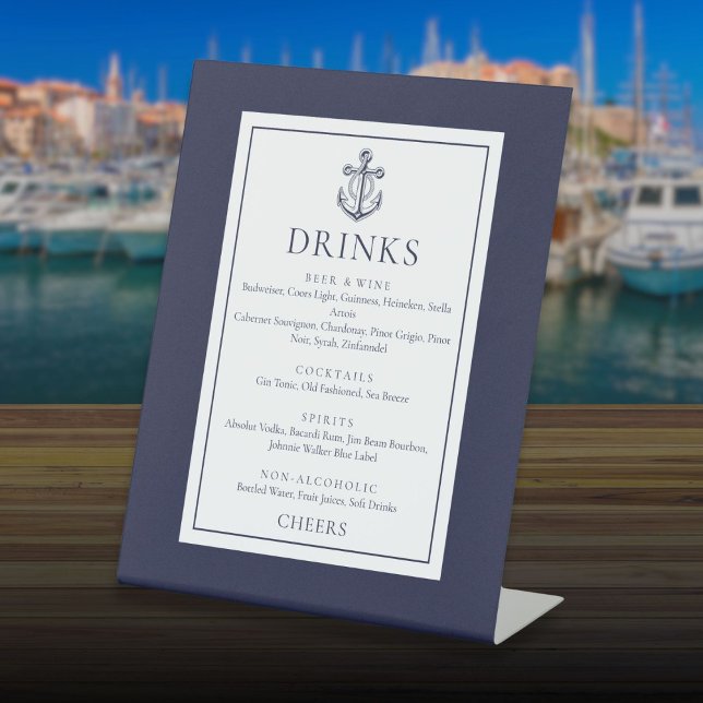 Speisekarte mit Navy Blue Nautical Anchor Drinks Sockelschild (Navy Blue Nautical Anchor Drinks Menu Pedestal Sign)