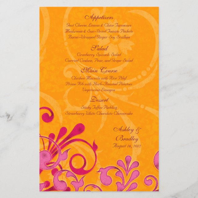 Speisekarte mit rosa und orangefarbenen Blumengeri (Vorderseite)