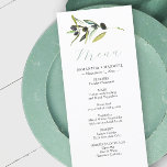 Speisekarte mit rustikalem Olive Branch für Hochze Menükarte<br><div class="desc">Diese eleganten Dinner-Menükarten, die mit Ihren Namen und Speisen personalisiert werden können, wurden speziell für die Abstimmung mit meiner Hochzeitszellensammlung in Aquarellfarben entworfen. Sie zeichnen sich durch meine originale Aquarellkunst aus und machen das perfekte Kompliment zu Ihren Tischeinstellungen. Das Wort Menu ist Set in einem modernen Kalligraphieskript in Salbei grün....</div>