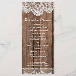 Speisekarte mit rustikalem, weißem Lace und Holz z Menükarte