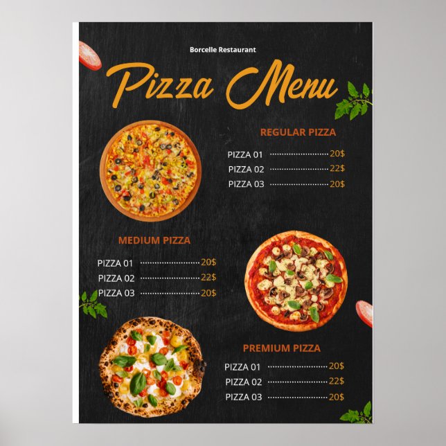 Speisekarte Pizza Pizzaria Restaurant Menü Poster (Vorne)