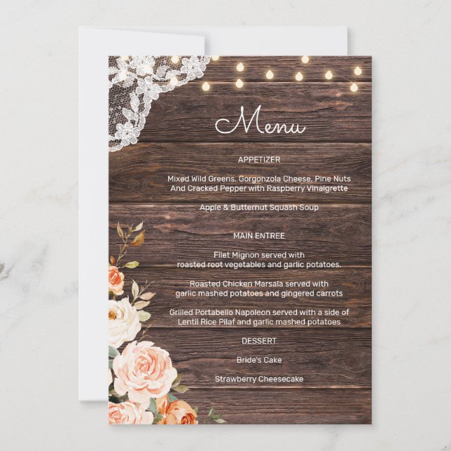 Speisekarte "Wood Lace Blush & Peach Floral" 2 Ein Einladung (Vorderseite)