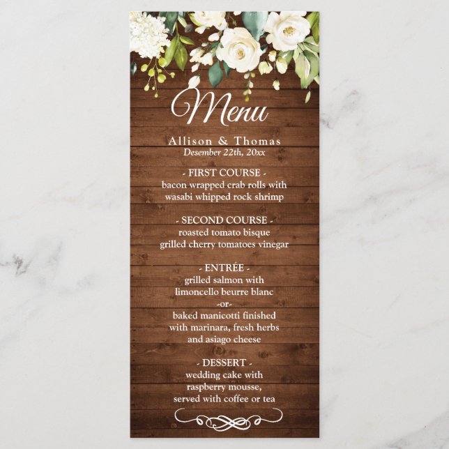 Speisekarte "Wood & White Rose" mit rustikaler Blu Menükarte (Vorderseite)