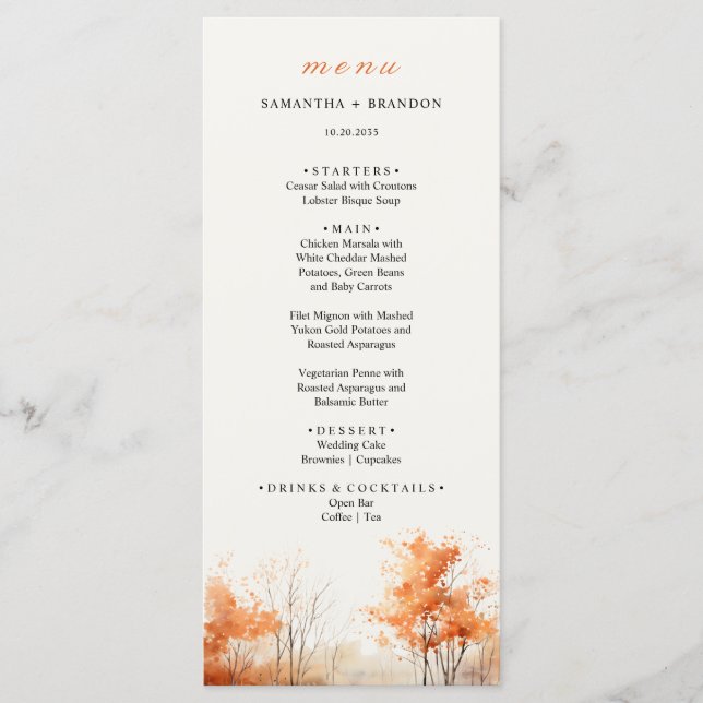 Speisekarte zum Hochzeitsessen im Herbst-Wald Menükarte (Vorderseite)