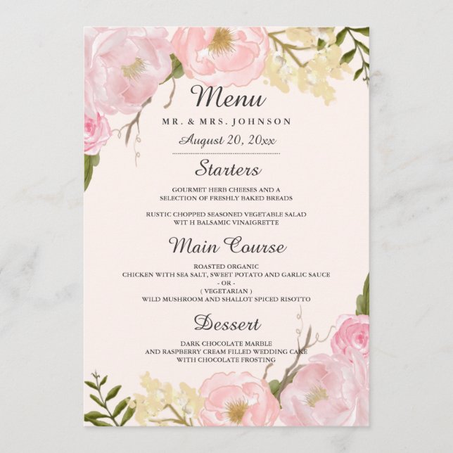 Speisekarte zum Hochzeitsessen mit rosa Blütenblät Menükarte (Vorderseite)