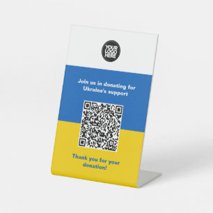 Spenden an die Ukraine   Firmenlogo, Text, Qr-Code Sockelschild