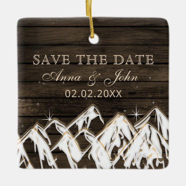 Sperrholz Rustikale Berge Save the Date Foto Keramikornament (Vorderseite)