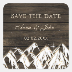 Sperrholz Rustikale Berge Save the Date Quadratischer Aufkleber