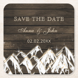 Sperrholz Rustikale Berge Save the Date Rechteckiger Pappuntersetzer