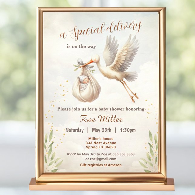 Spezielle Baby-Dusche für das Geschlecht der neutr Einladung (Special Delivery Gender Neutral Stork Baby Shower Invitation)