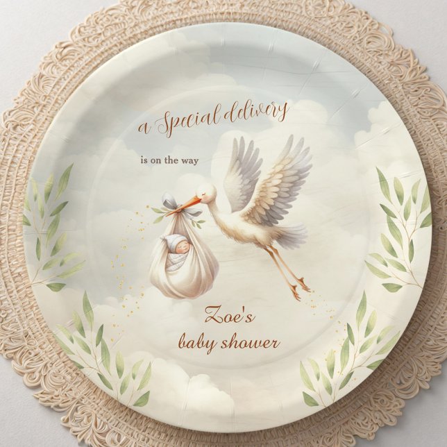 Spezielle Baby-Dusche für das Geschlecht der neutr Pappteller (Special Delivery Gender Neutral Stork Baby Shower Paper Plates)