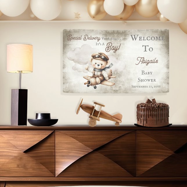 Spezielle Babydusche für Teddy-Bären Banner (Cute "Special Delivery Via Airmail . . . It's A Boy!" Teddy Bear | Airplane Baby Shower Banner)