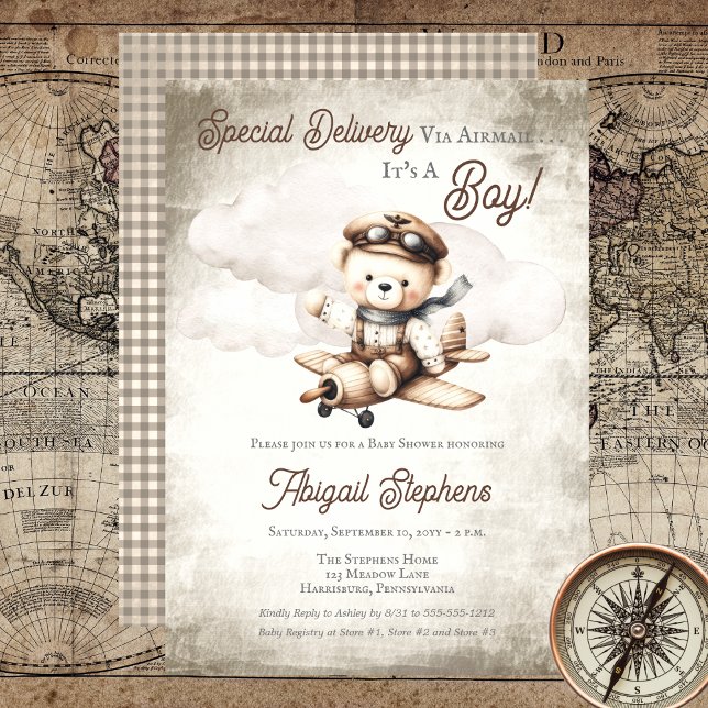 Spezielle Babydusche für Teddy-Bären Einladung (Cute "Special Delivery Via Airmail . . . It's A Boy!" Teddy Bear | Airplane Baby Shower Invitation)