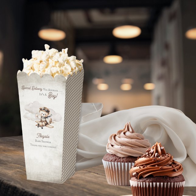 Spezielle Babydusche für Teddy-Bären Geschenkschachtel ("Special Delivery Via Airmail . . . It's A Boy!" Teddy Bear | Airplane Baby Shower Popcorn Favor Box)
