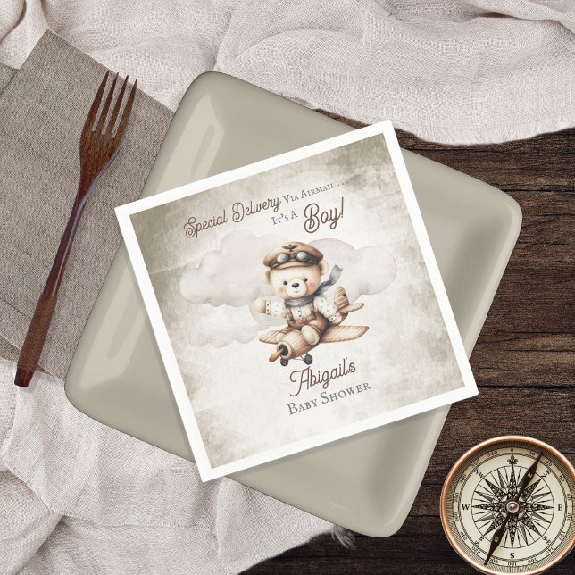 Spezielle Babydusche für Teddy-Bären Serviette (Cute "Special Delivery Via Airmail . . . It's A Boy!" Teddy Bear Airplane Baby Shower Paper Napkins)