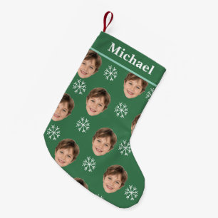 Spezielle Kindergesicht und Name Green Snowflake Kleiner Weihnachtsstrumpf