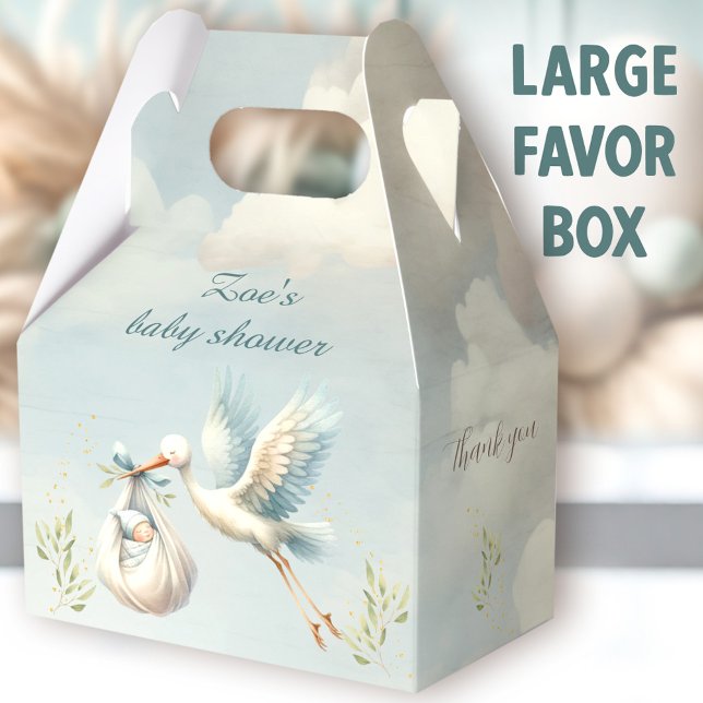 Spezielle Lieferung Stork Boy Baby Dusche groß Geschenkschachtel (Special Delivery Stork Large Favor Boxes - You can choose from 3 sizes of these gable favor boxes.)