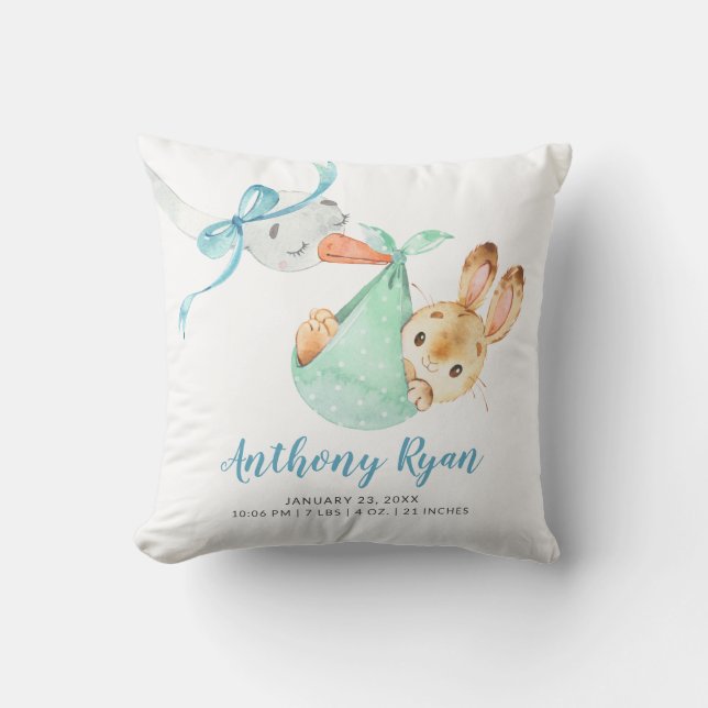 Spezielle Lieferung Stork Bunny Baby Birth Stats Kissen (Vorderseite)