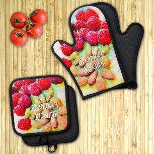 Spezielle Snack-Himbeere & Mandelbäume Wasserfarbe Ofenhandschuh & Topflappen-Set