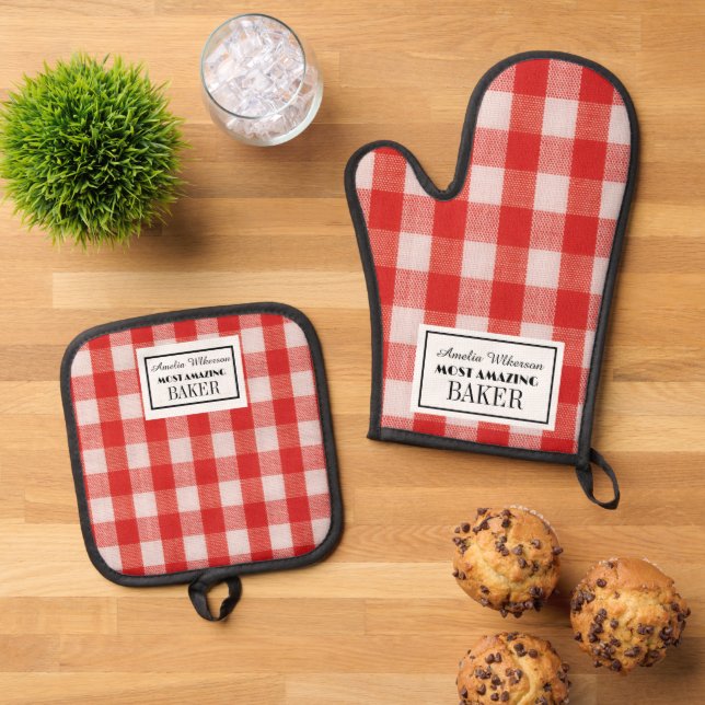 Spezieller Baker aus rotem Karo Ofenhandschuh & Topflappen-Set (Oben Unten)