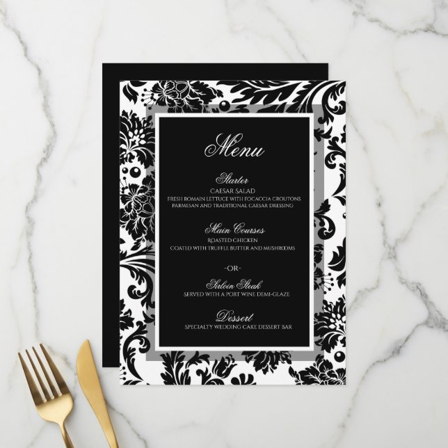 Spezielles Hochzeitsmenü mit schwarz-weißem Damast Menükarte (Vorderseite/Rückseite Beispiel)