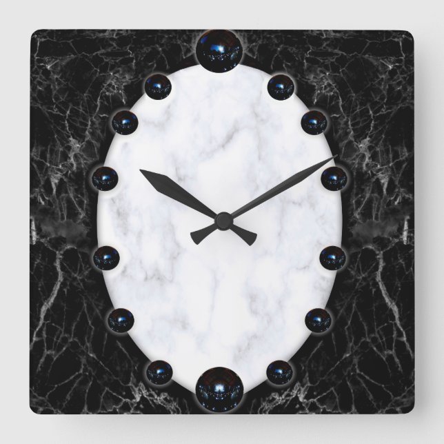 Sphere Graphics aus weißem und schwarzem Marmor Quadratische Wanduhr (Vorderseite)