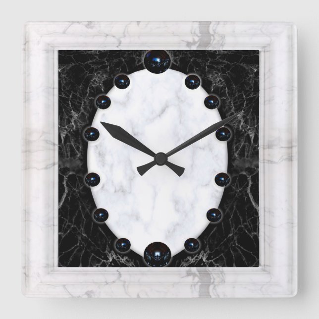 Sphere Graphics aus weißem und schwarzem Marmor Quadratische Wanduhr (Vorderseite)