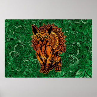 Sphinx Cat Tattoo concept Art with a Mandala Back. Poster