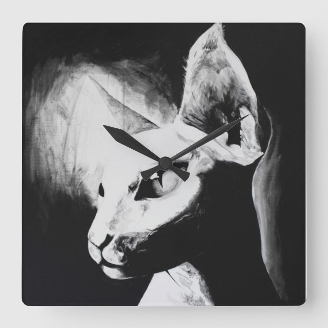 Sphynx Cat Black White Contrast Hairless Kitty Art Quadratische Wanduhr (Vorderseite)