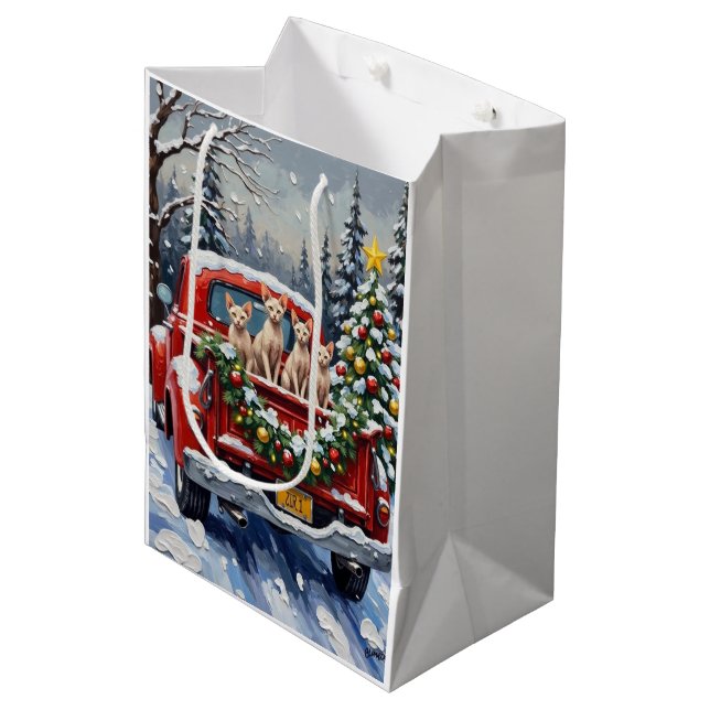 Sphynx Cat Christmas Red Truck Holiday Mittlere Geschenktüte (Vorderseite Schrägansicht)