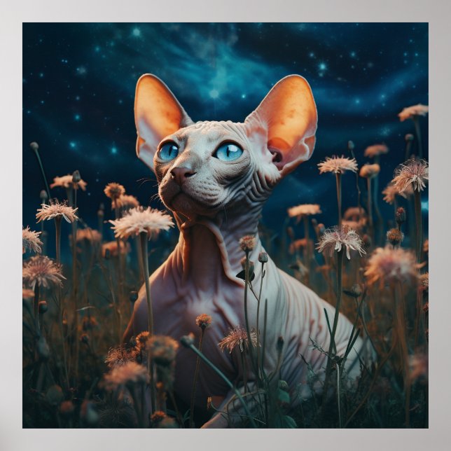 Sphynx Cat Gazing Sky – Vibrant Floral Art Poster (Vorne)
