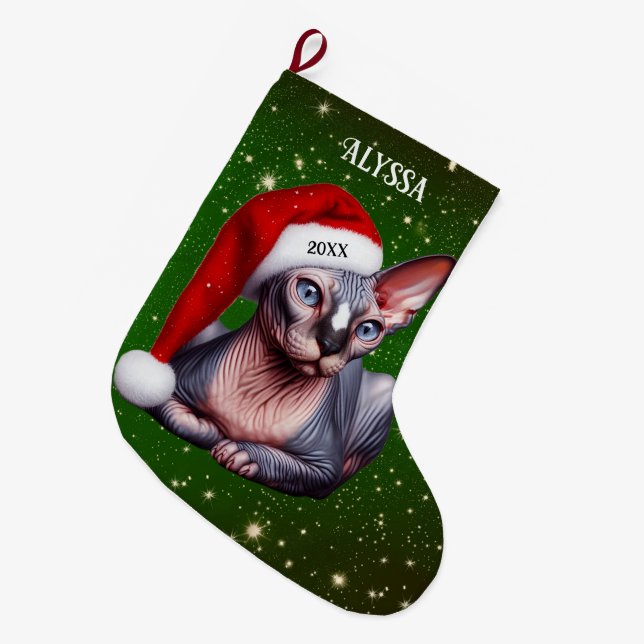 Sphynx Cat Hübsch Green Christmas Großer Weihnachtsstrumpf (Vorderansicht (hängend))