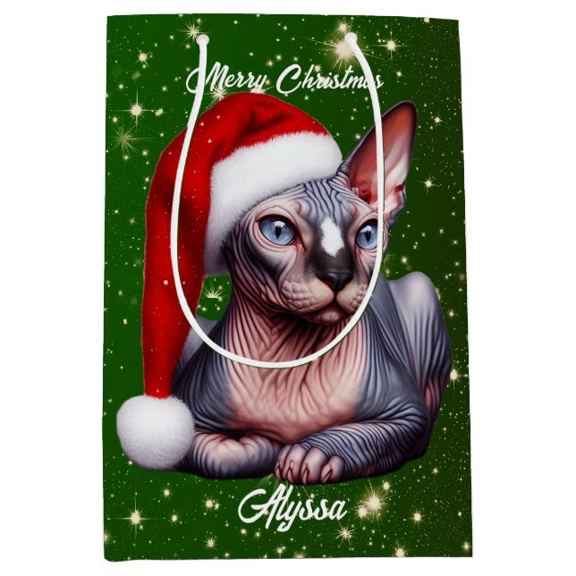 Sphynx Cat Hübsch Green Christmas Mittlere Geschenktüte (Vorderseite)