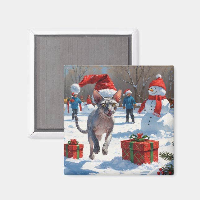Sphynx Cat läuft im Schnee mit Weihnachtsmütze Magnet (Vorderseite/Rückseite)