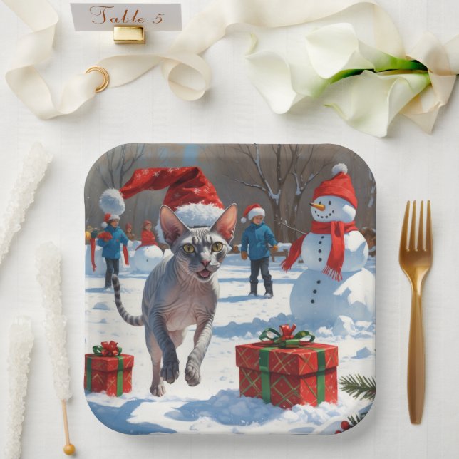 Sphynx Cat läuft im Schnee mit Weihnachtsmütze Pappteller (Hochzeit)