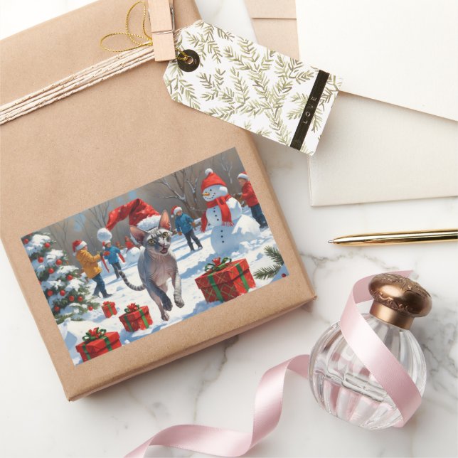 Sphynx Cat läuft im Schnee mit Weihnachtsmütze Rechteckiger Aufkleber (Schenken)