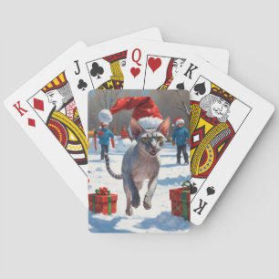 Sphynx Cat läuft im Schnee mit Weihnachtsmütze Spielkarten
