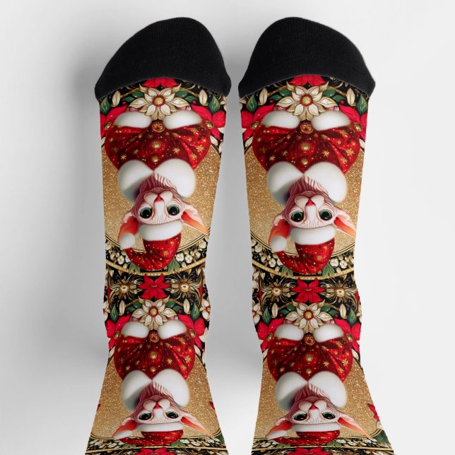Sphynx Cat Santa Elf Xmas Crew Socken (Oben)