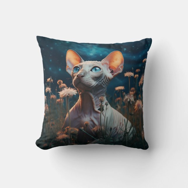 Sphynx Cat & Vibrant Flowers – Whimsical Art Kissen (Vorderseite)