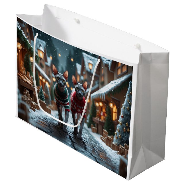 Sphynx Cats Christmas Snow Holiday Große Geschenktüte (Vorderseite Schrägansicht)
