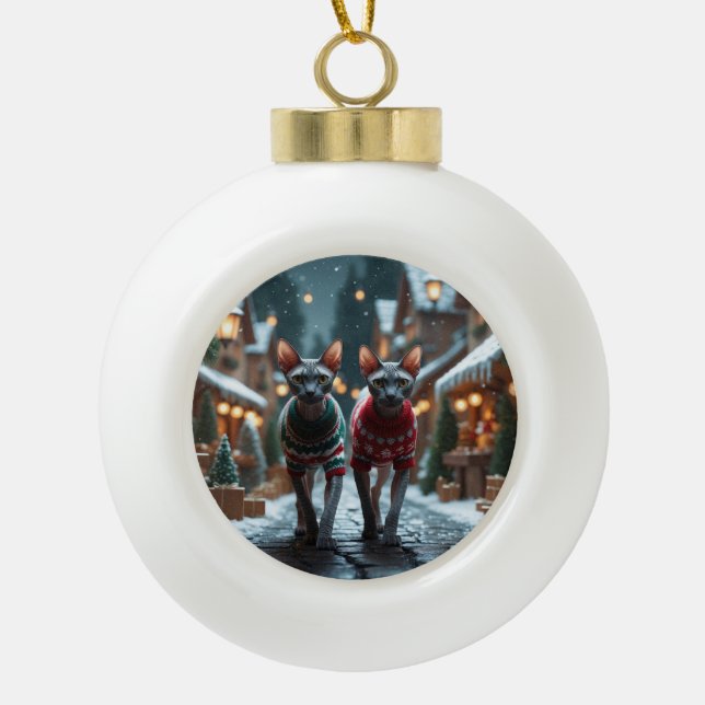 Sphynx Cats Christmas Snow Holiday Keramik Kugel-Ornament (Vorderseite)