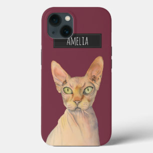 Sphynx-Katze Aquarell-Porträt mit Namen iPhone Hülle
